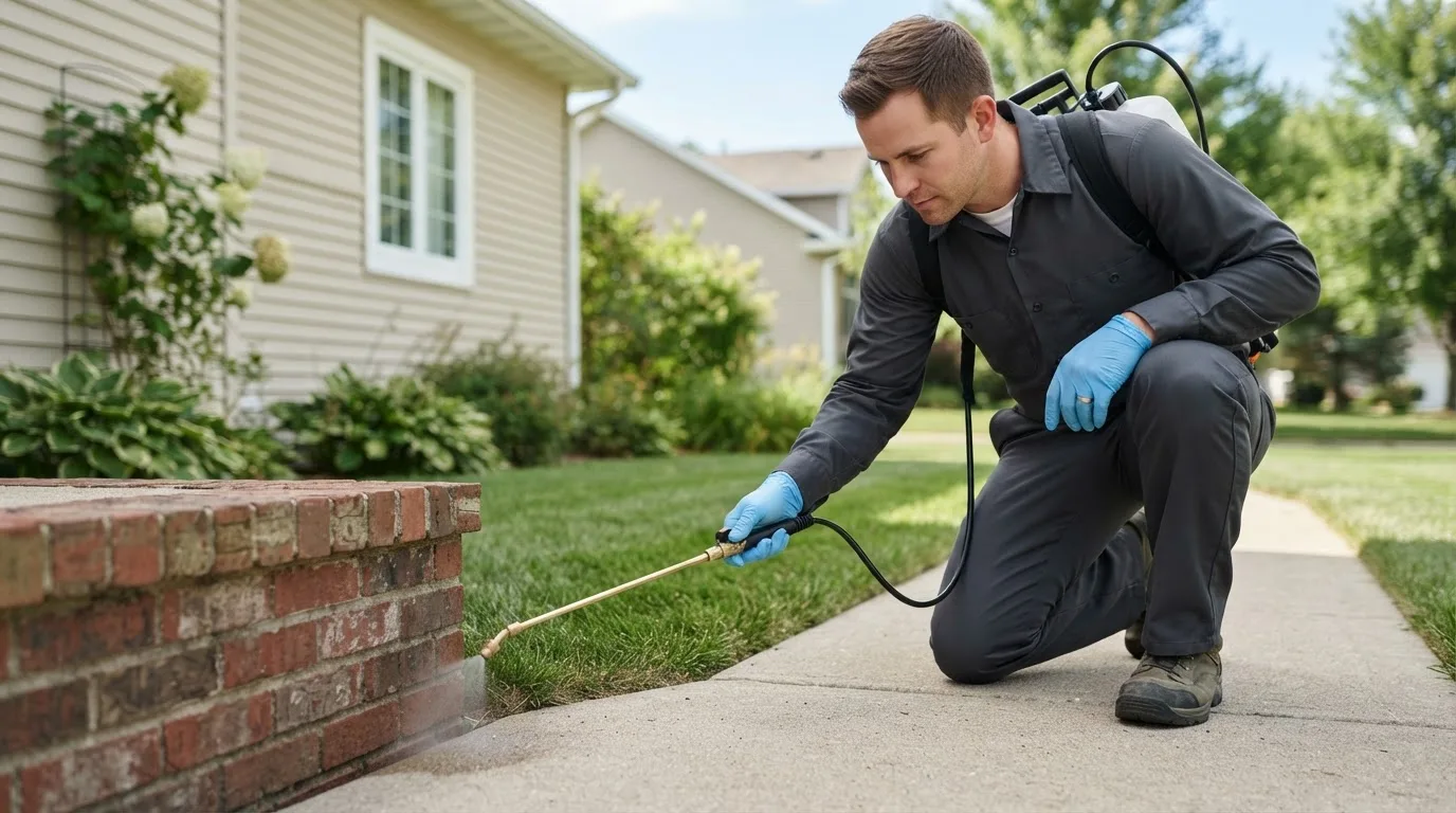 Pest control technician treating a home near Braggadocio, MO