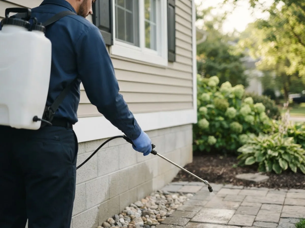 Pest control technician inspecting a home in Braggadocio, MO